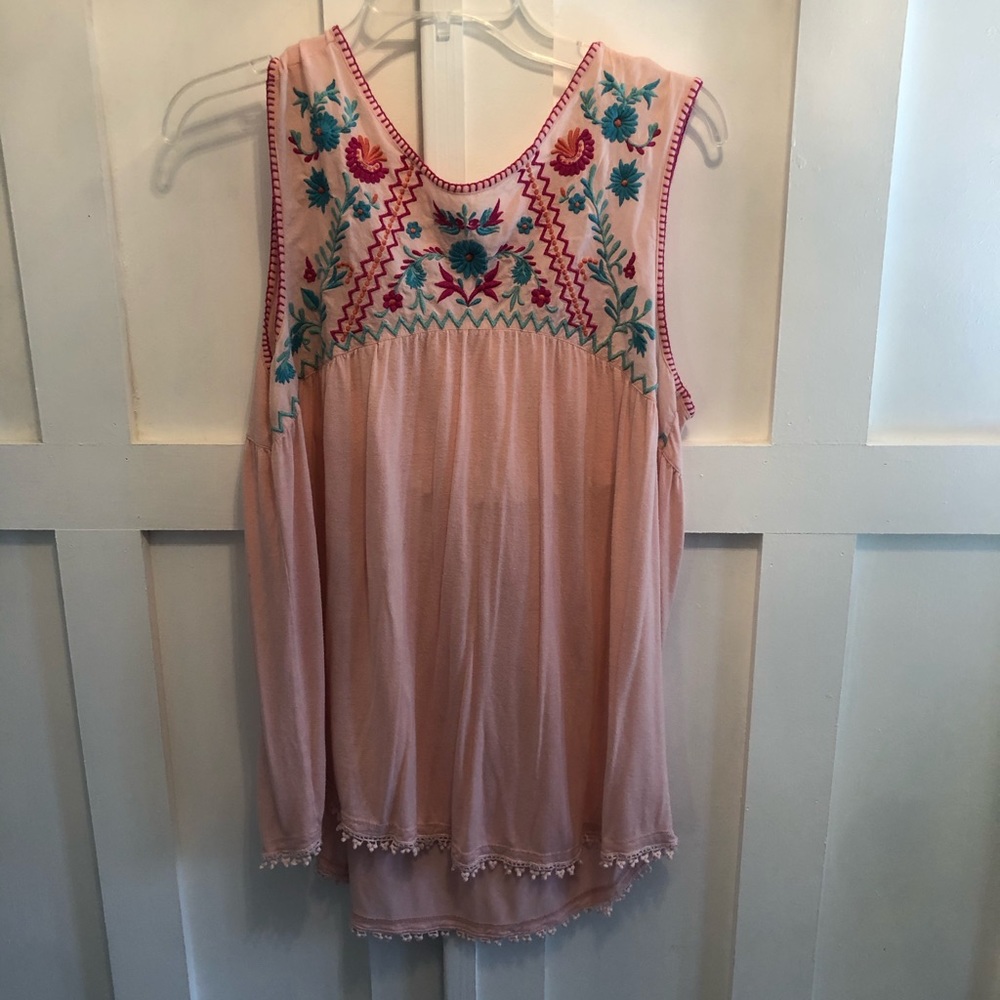 Grace & Lace Pink Embroidered Tank (Size Small)